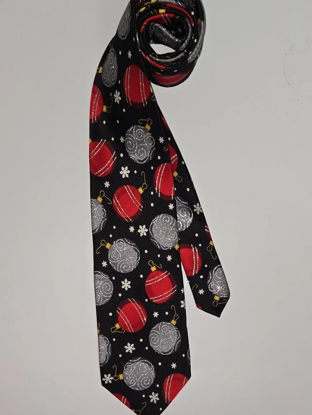 Black Holiday Tie with Red and Silver Ornament Motif